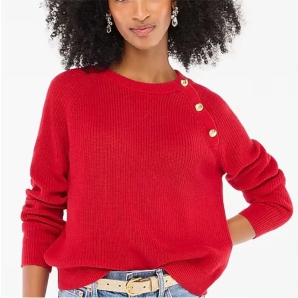 J.Crew Red Crewneck Sweater Gold Buttons J.Crew Factory Medium
